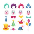 Clown mask. Circus costume with wig, hair and hat. Funny nose. Jesters ties. Holiday balloons. Joker icon. Cap for