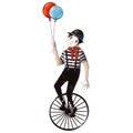 clown mime with balloons riding one wheel bicycle, watercolor style illustration, funny clipart with cartoon character