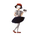 clown mime girl with photocamera, watercolor style illustration, funny clipart with cartoon character