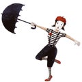 clown mime girl with umbrella, watercolor style illustration, funny clipart with cartoon character