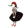 clown mime girl very cute, watercolor style illustration, funny clipart with cartoon character