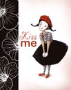 Clown mime kiss me valentines card, watercolor style illustration with cartoon character