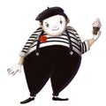 clown mime with muffin, watercolor style illustration, funny clipart with cartoon character