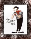 Clown mime with red heart valentines card, watercolor style illustration with cartoon character Royalty Free Stock Photo