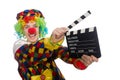 Clown with movie clapper isolated on white Royalty Free Stock Photo