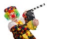 Clown with movie clapper isolated on white Royalty Free Stock Photo