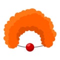 Clown orange curly wig and red nose with threads flat style. Children carnival costume, props for masquerade, holiday