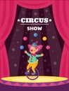 Clown poster. Carnival show with magician. Happy amusement. Jester juggling on stage. Buffoon on unicycle. Traditional Royalty Free Stock Photo