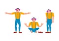 Clown set. Funnyman sad and yoga. harlequin happy. Vector illustration
