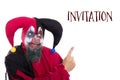 Clown showing to Text Invitation, on white