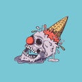 Clown skull ice cream fell on the ground, waffle cone sticking up and splashes fly away, the ice cream melts and flows.