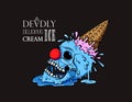 Clown skull ice cream fell on the ground, waffle cone sticking up and splashes fly away, the ice cream melts and flows.