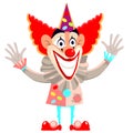 Clown smiles and waves his hands. Clown in a red wig isolated on a white background.