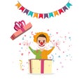 Clown surprise from box present party cartoon happy birthday decoration fun Royalty Free Stock Photo