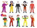 Clown vector clownish character clowning on performance in circus and cartoon man of clownery illustration set of