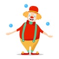 Clown, clown in a wig and hat juggles with blue balls. Cartoon illustration of Royalty Free Stock Photo
