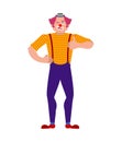 Clown winks and thumb up. Happy funnyman. Merry harlequin. Vector illustration