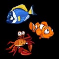 Clownfish, blue fish and crab, marine characters