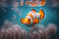 A clownfish swimming in clear ocean water amidst colorful coral.Generative AI