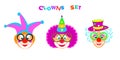 2024 Clowns characters mask, Happy Purim Festival Jewish Holiday Carnival icons masque set