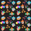 2023 Clowns characters mask, Happy Purim Festival Jewish Holiday Carnival icons pattern