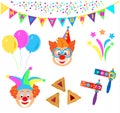 2023 Clowns characters mask, Happy Purim Festival Jewish Holiday Carnival icons masque set Royalty Free Stock Photo