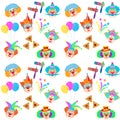 2024 Clowns characters mask, Happy Purim Festival Jewish Holiday Carnival icons pattern Royalty Free Stock Photo