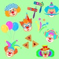 2023 Clowns characters mask, Happy Purim Festival Jewish Holiday Carnival icons pattern Royalty Free Stock Photo