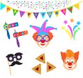 2023 Clowns characters mask, Happy Purim Festival Jewish Holiday Carnival icons set Royalty Free Stock Photo