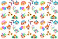 2023 Clowns characters mask, Happy Purim Festival Jewish Holiday Carnival icons pattern Royalty Free Stock Photo