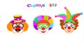 2023 Clowns characters mask, Kids Party Purim Festival Jewish Holiday Carnival icons masque set Royalty Free Stock Photo