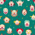 Clowns entertaining people emotions of man seamless pattern on green background. Royalty Free Stock Photo