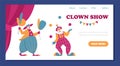 Clowns in funny costumes juggling, circus show advertising web banner, flat vector illustration.