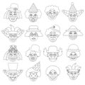 Clowns set, icons. Coloring page. Vector illustration.