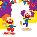 Clowns for your party banner vector illustration. Funny characters and different circus accessories. Cartoon clown