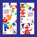 Clowns for your party set of banners vector illustration. Funny characters and different circus accessories. Cartoon