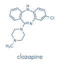 Clozapine atypical antipsychotic drug molecule. Neuroleptic medicine used in treatment of schizophrenia. Skeletal formula.