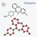 Clozapine molecule. It is dibenzodiazepine, atypical antipsychotic, neuroleptic. Used in treatment resistant schizophrenia.