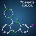 Clozapine molecule. It is dibenzodiazepine, atypical antipsychotic, neuroleptic. Used in treatment resistant schizophrenia.