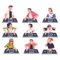 Club DJ male and female characters playing music at console mixers. Smiling musicians mixing audio records on turntable Royalty Free Stock Photo