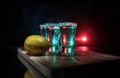 Club drink concept. Tasty alcohol drink cocktail tequila with lime and salt on vibrant dark background or glasses with tequila at