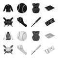 Club emblem, bat, ball in hand, ticket to match. Baseball set collection icons in black,monochrome style vector symbol