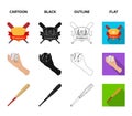 Club emblem, bat, ball in hand, ticket to match. Baseball set collection icons in cartoon,black,outline,flat style Royalty Free Stock Photo