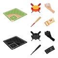 Club emblem, bat, ball in hand, ticket to match. Baseball set collection icons in cartoon,black style vector symbol