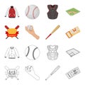 Club emblem, bat, ball in hand, ticket to match. Baseball set collection icons in cartoon,outline style vector symbol