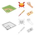 Club emblem, bat, ball in hand, ticket to match. Baseball set collection icons in cartoon,outline style vector symbol