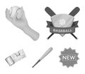Club emblem, bat, ball in hand, ticket to match. Baseball set collection icons in monochrome style vector symbol stock