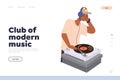 Club of modern music landing page with male hipster DJ in headphones playing track on console deck Royalty Free Stock Photo