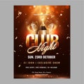 Club Night Party Flyer Design With Champagne Bottle, Flute Glass And Golden Confetti On Brown Bokeh Lights Royalty Free Stock Photo