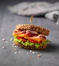 Club sandwich on a board with a bacon, cheese, tomato and lettuce on a dark background Royalty Free Stock Photo